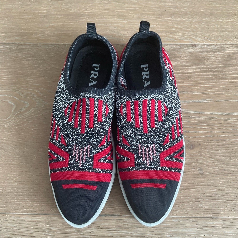 Prada Red & Black Knit Slip-On Sneakers